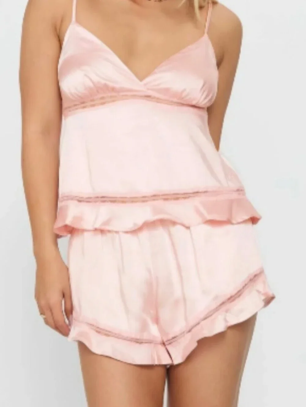 Pale Pink Satin Ruffle Hem Short and Cami Set